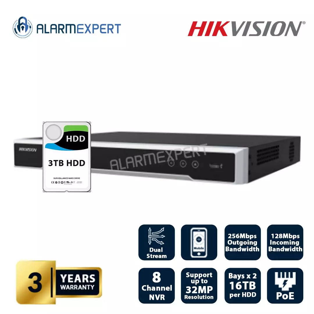 Hikvision 8 Channel 1U 8 PoE 8K NVR with 3 TB HDD DS-7608NI-M2/8P
