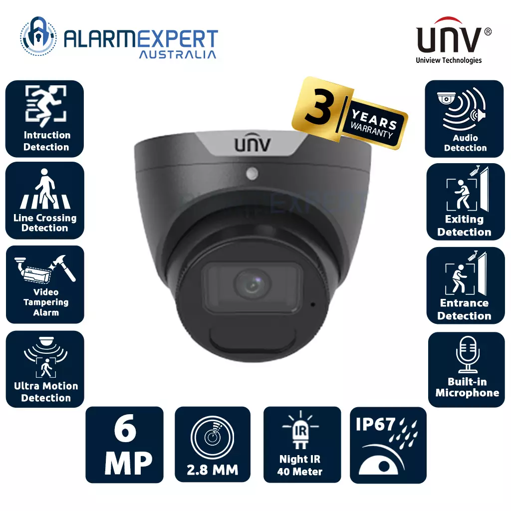 Uniview 6MP Intelligent LightHunter IR Turret Fixed Network Camera Black IPC3616SS-ADF28K-I1-BK